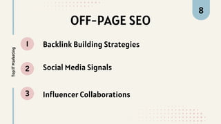 OFF-PAGE SEO
1
2
3
Top
IT
Marketing 8
Backlink Building Strategies
Social Media Signals
Influencer Collaborations
 