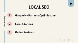 LOCAL SEO
1
2
3
Top
IT
Marketing 9
Google My Business Optimization
Local Citations
Online Reviews
 