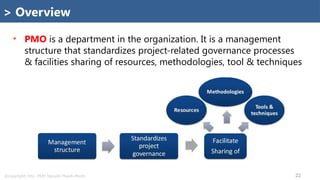 @Copyright: Msc. PMP. Nguyễn Thanh Phước 22
> Overview
• PMO is a department in the organization. It is a management
structure that standardizes project-related governance processes
& facilities sharing of resources, methodologies, tool & techniques
 