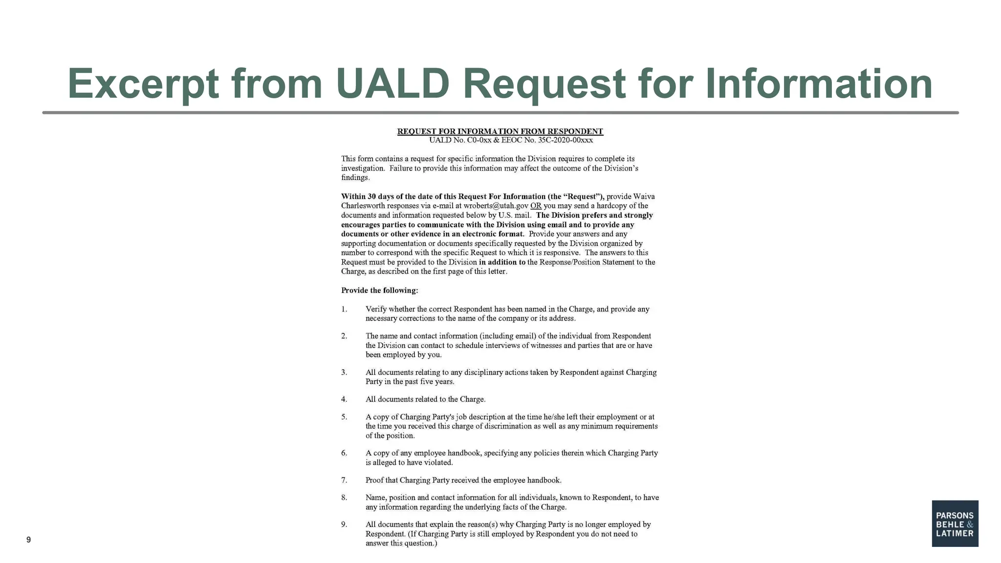 9
Excerpt from UALD Request for Information
 
