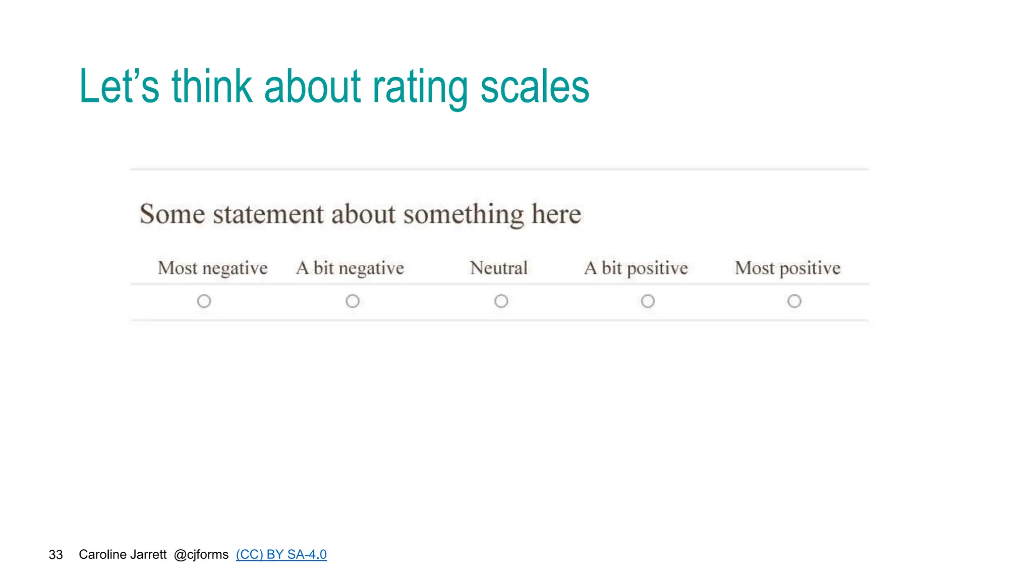 Caroline Jarrett @cjforms (CC) BY SA-4.0
33
Let’s think about rating scales
 