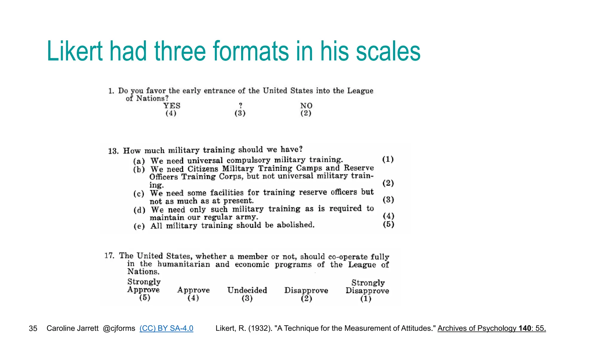Caroline Jarrett @cjforms (CC) BY SA-4.0
35
Likert had three formats in his scales
Likert, R. (1932). "A Technique for the Measurement of Attitudes." Archives of Psychology 140: 55.
 