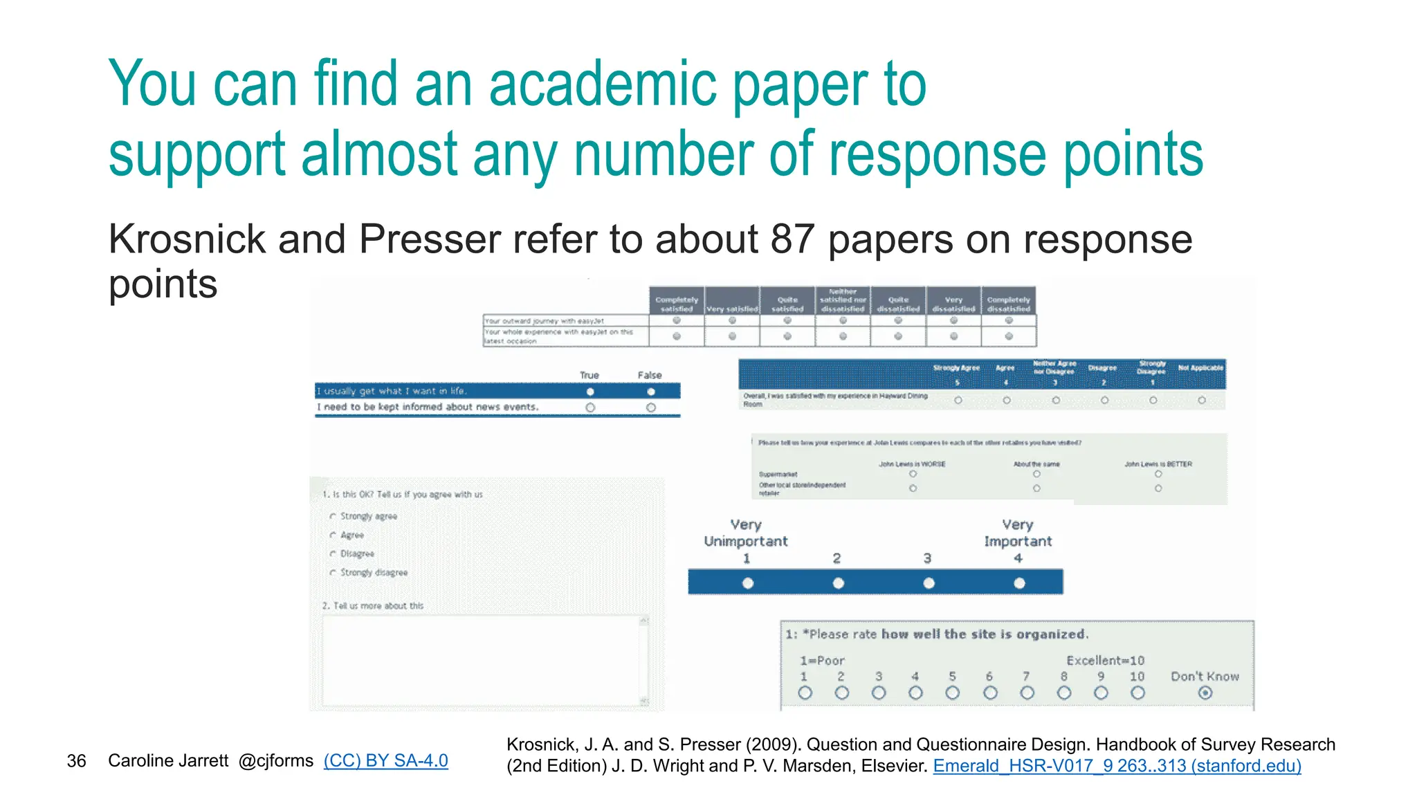 Caroline Jarrett @cjforms (CC) BY SA-4.0
36
You can find an academic paper to
support almost any number of response points
Krosnick and Presser refer to about 87 papers on response
points
Krosnick, J. A. and S. Presser (2009). Question and Questionnaire Design. Handbook of Survey Research
(2nd Edition) J. D. Wright and P. V. Marsden, Elsevier. Emerald_HSR-V017_9 263..313 (stanford.edu)
 