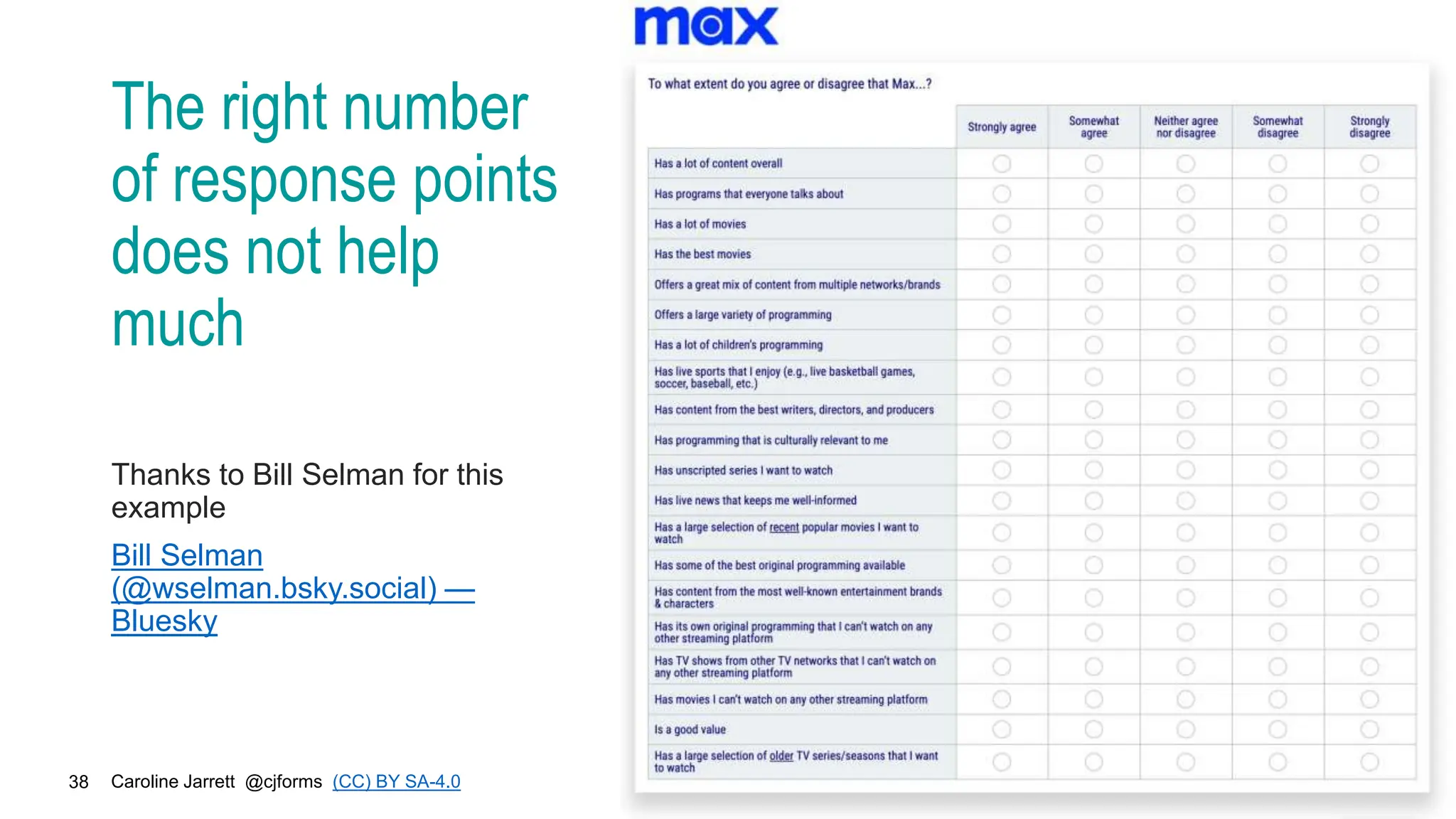 Caroline Jarrett @cjforms (CC) BY SA-4.0
38
The right number
of response points
does not help
much
Thanks to Bill Selman for this
example
Bill Selman
(@wselman.bsky.social) —
Bluesky
 