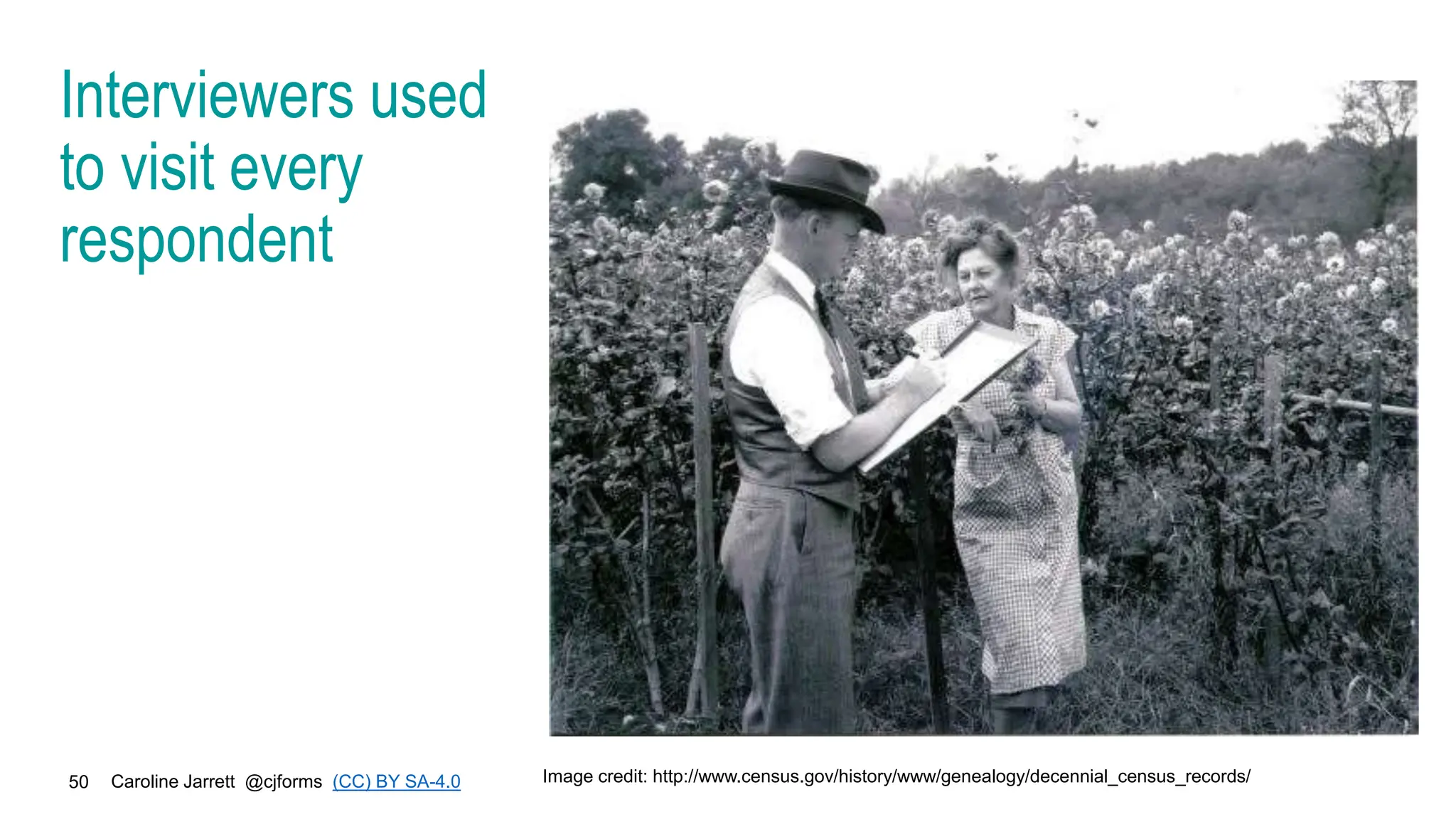 Caroline Jarrett @cjforms (CC) BY SA-4.0
50
Interviewers used
to visit every
respondent
Image credit: http://www.census.gov/history/www/genealogy/decennial_census_records/
 
