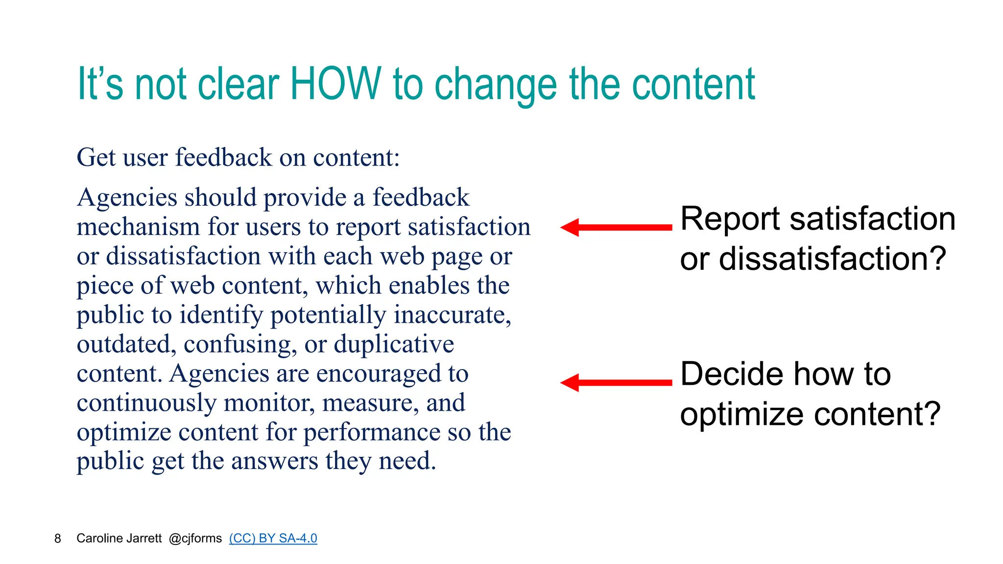 Caroline Jarrett @cjforms (CC) BY SA-4.0
8
It’s not clear HOW to change the content
Report satisfaction
or dissatisfaction?
Get user feedback on content:
Agencies should provide a feedback
mechanism for users to report satisfaction
or dissatisfaction with each web page or
piece of web content, which enables the
public to identify potentially inaccurate,
outdated, confusing, or duplicative
content. Agencies are encouraged to
continuously monitor, measure, and
optimize content for performance so the
public get the answers they need.
Decide how to
optimize content?
 