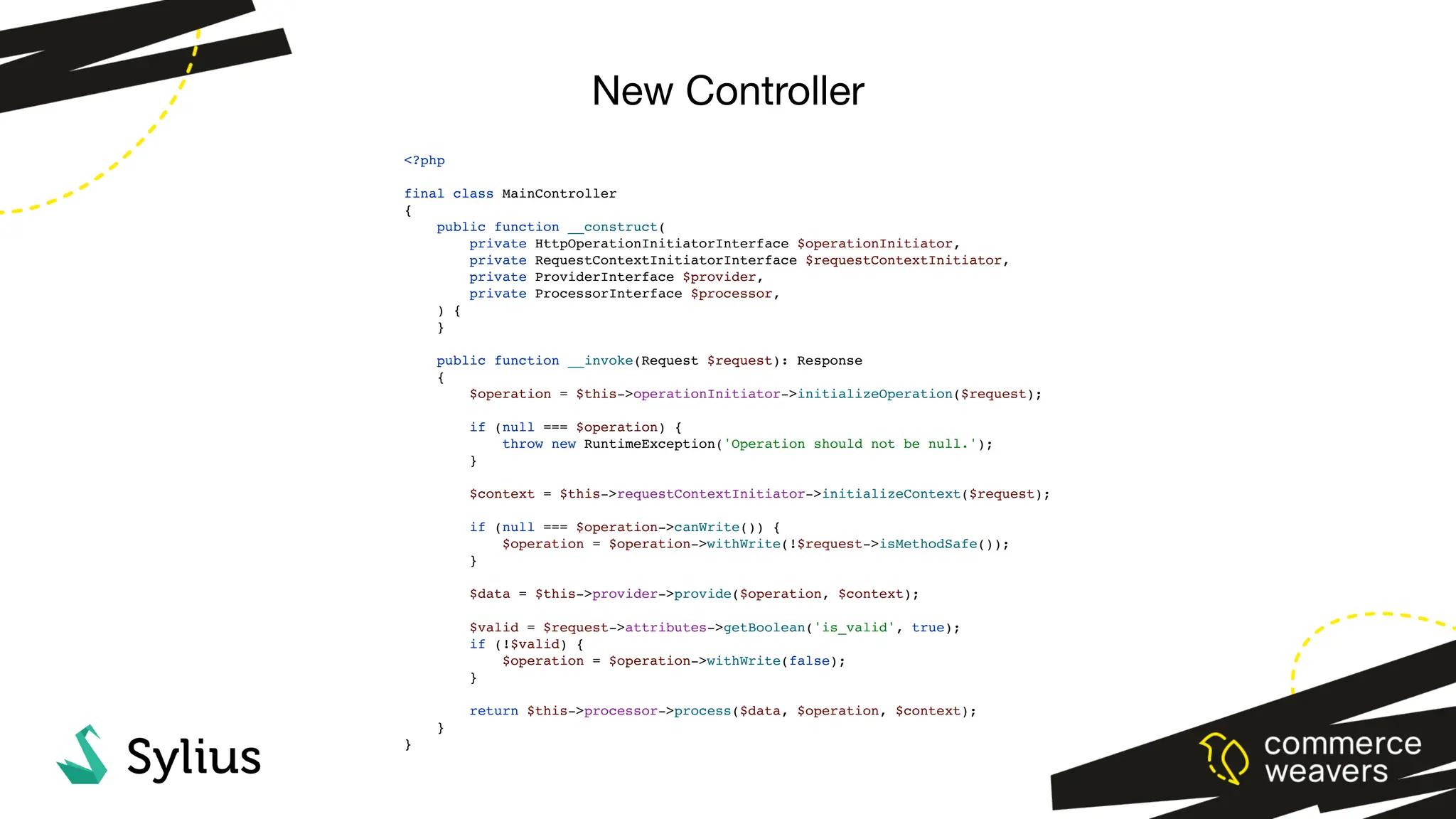 New Controller
<?php
final class MainController
{
public function __construct(
private HttpOperationInitiatorInterface $operationInitiator,
private RequestContextInitiatorInterface $requestContextInitiator,
private ProviderInterface $provider,
private ProcessorInterface $processor,
) {
}
public function __invoke(Request $request): Response
{
$operation = $this->operationInitiator->initializeOperation($request);
if (null === $operation) {
throw new RuntimeException('Operation should not be null.');
}
$context = $this->requestContextInitiator->initializeContext($request);
if (null === $operation->canWrite()) {
$operation = $operation->withWrite(!$request->isMethodSafe());
}
$data = $this->provider->provide($operation, $context);
$valid = $request->attributes->getBoolean('is_valid', true);
if (!$valid) {
$operation = $operation->withWrite(false);
}
return $this->processor->process($data, $operation, $context);
}
}
 