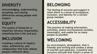 BELONGING
The feeling of security and support is
when there is a sense of acceptance,
inclusion, and identity for a certain
group member.
ACCESSIBILITY
The practice of making information,
activities, and/or environments sensible,
meaningful, and usable for as many
people as possible.
WELCOMING
An environment, atmosphere, that is
friendly and inviting and creates a sense
of warmth and openness. A positive and
inclusive attitude that fosters a sense of
DIVERSITY
Acknowledging, understanding,
accepting, and valuing
differences among people with
respect.
EQUITY
The quality of being fair or
impartial; fairness; impartiality;
something that is fair and just.
INCLUSION
Creating a culture of respect,
value, authenticity, and
collaboration that fully utilizes
people's different ideas,
 