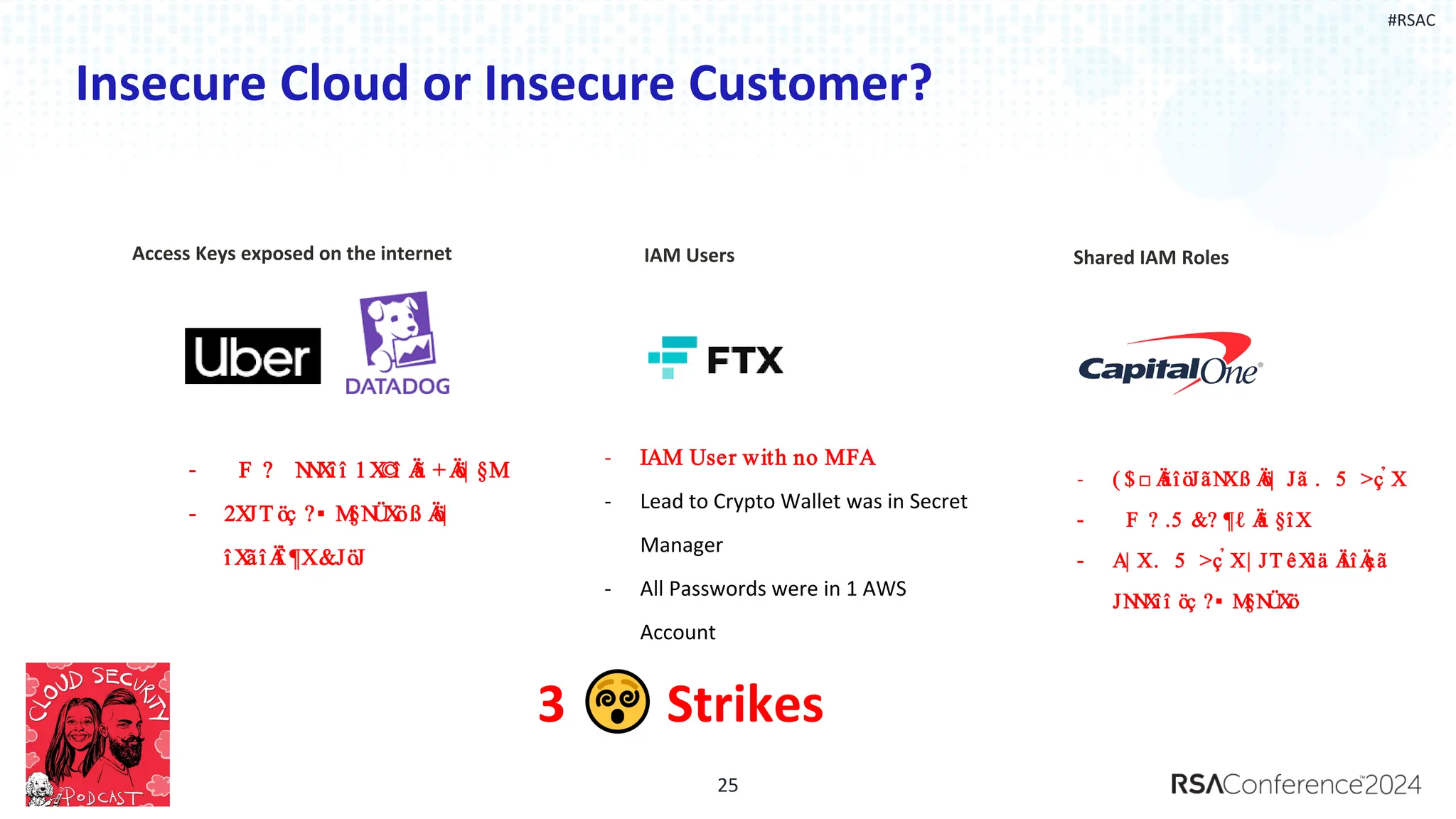 #RSAC
Insecure Cloud or Insecure Customer?
25
Access Keys exposed on the internet
- F ?� N
N
Xî î �1X
©
î �Ä
ã�+ Ä
ö| §M
- 2XJT�öç�?▪ �M
§N
Ü
Xö�ß Ä
ö| �
î Xãî Ä
ḟ ¶X�&JöJ
IAM Users
- IAM User with no MFA
- Lead to Crypto Wallet was in Secret
Manager
- All Passwords were in 1 AWS
Account
Shared IAM Roles
- ( $ □�Ä
ãî öJãN
X�ß Ä
ö| �Jã�. 5 �>ç̉ X
- F ?�.5 &?�¶ℓ�Ä
ã�§î X
- A| X�. 5 �>ç̉ X�| JT�êXìä Ä
î î Ä
çã�
JN
N
Xî î �öç�?▪ �M
§N
Ü
Xö
 