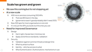 Scale has grown and grown
● We saw this coming but its not stopping yet
● At a new scale
⦿ 400 micro services consuming 300 APIs
⦾ That was BIG back in the day
⦾ (governance wasn't good probably didn't need 300)
⦿ Now 300 apis for most organisations is not a lot
⦿ It's not just the APIs you build, but the ones you use
● Need for improved Governance
⦿ Design
⦾ Get it right / Iterate fast / minimise risk
⦾ Apply and enforce standards / validation
⦿ Security
⦾ Validation against common threats at design time
⦾ What my attack surface
⦾ Identity - who has access to what
⦾ What Authentication / Authorisations mechanisms in use 10
 