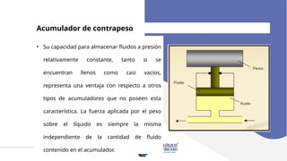 Acumulador de contrapeso
• Su capacidad para almacenar fluidos a presión
relativamente constante, tanto si se
encuentran llenos como casi vacíos,
representa una ventaja con respecto a otros
tipos de acumuladores que no poseen esta
característica. La fuerza aplicada por el peso
sobre el líquido es siempre la misma
independiente de la cantidad de fluido
contenido en el acumulador.
 