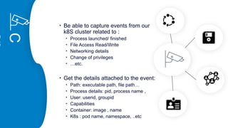 C
Filter
Components
Observability
Performance
• Be able to capture events from our
k8S cluster related to :
• Process launched/ finished
• File Access Read/Write
• Networking details
• Change of privileges
• …etc.
• Get the details attached to the event:
• Path: executable path, file path…
• Process details: pid, process name ,
• User: userid, groupid
• Capabilities
• Container: image , name
• K8s : pod name, namespace, ..etc
 