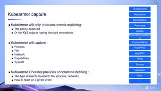 v
137
Kubearmor capture
▪ KubeArmor will only produces events matching:
▪ The policiy deployed
▪ Or the K8S objects having the right annotations
▪ KubeArmor will capture :
▪ Process
▪ File
▪ Network
▪ Capabilities
▪ Syscalll
▪ KubeArmor Operator provides annotations defining :
▪ The type of events to report ( file, process, network)
▪ How to react on a given event
Clustername
Hostname
Namesapce
Podname
Labels
ParentProcessNam
e
ProcessName
HostPPID
HostPID
PPID
Source
Operation
Data
…
 