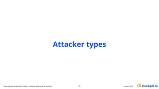 Attacker types
35 janvier 2025
Securing your Kubernetes cluster: a step-by-step guide to success!
 