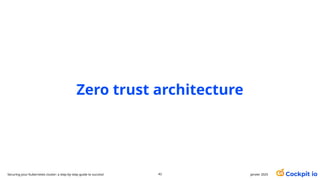 Zero trust architecture
42 janvier 2025
Securing your Kubernetes cluster: a step-by-step guide to success!
 