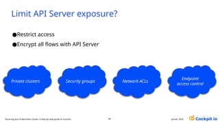 Limit API Server exposure?
●Restrict access
●Encrypt all flows with API Server
janvier 2025
46
Private clusters Security groups
Endpoint
access control
Network ACLs
Securing your Kubernetes cluster: a step-by-step guide to success!
 