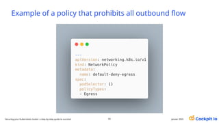 Example of a policy that prohibits all outbound flow
62 janvier 2025
Securing your Kubernetes cluster: a step-by-step guide to success!
 