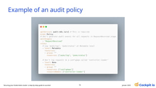 Example of an audit policy
janvier 2025
74
Securing your Kubernetes cluster: a step-by-step guide to success!
 