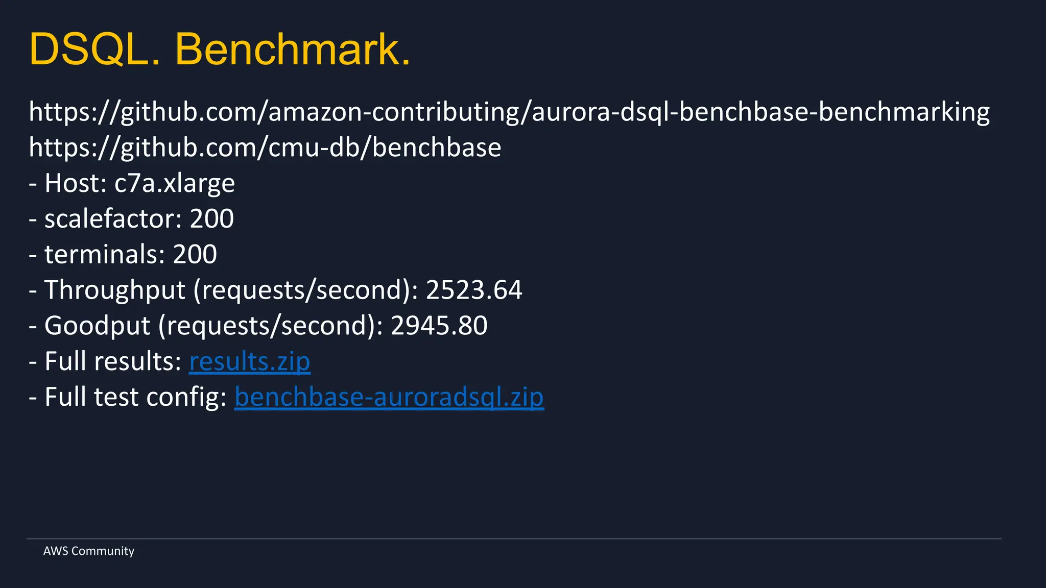 AWS Community
https://github.com/amazon-contributing/aurora-dsql-benchbase-benchmarking
https://github.com/cmu-db/benchbase
- Host: c7a.xlarge
- scalefactor: 200
- terminals: 200
- Throughput (requests/second): 2523.64
- Goodput (requests/second): 2945.80
- Full results: results.zip
- Full test config: benchbase-auroradsql.zip
DSQL. Benchmark.
 