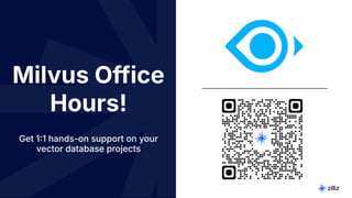 32 | © Copyright 10/22/23 Zilliz
32 | © Copyright 10/22/23 Zilliz
Milvus Office
Hours!
Get 11 hands-on support on your
vector database projects
 