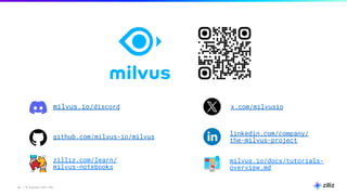 34 | © Copyright 2024 Zilliz
34
x.com/milvusio
linkedin.com/company/
the-milvus-project
milvus.io/discord
github.com/milvus-io/milvus
zilliz.com/learn/
milvus-notebooks
milvus.io/docs/tutorials-
overview.md
 
