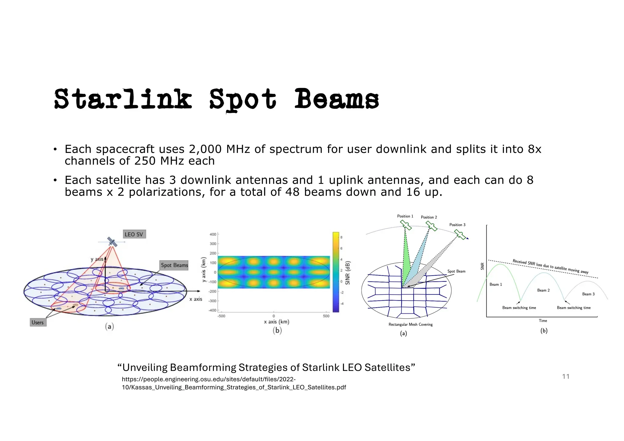 Starlink Spot Beams
• Each spacecraft uses 2,000 MHz of spectrum for user downlink and splits it into 8x
channels of 250 MHz each
• Each satellite has 3 downlink antennas and 1 uplink antennas, and each can do 8
beams x 2 polarizations, for a total of 48 beams down and 16 up.
11
“Unveiling Beamforming Strategies of Starlink LEO Satellites”
https://people.engineering.osu.edu/sites/default/files/2022-
10/Kassas_Unveiling_Beamforming_Strategies_of_Starlink_LEO_Satellites.pdf
 