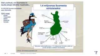 13.2.2025 Tilastokeskus | etunimi.sukunimi@stat.fi
4
Lähde: Siirtolaisuusinstituutti
Ettei unohtuisi, niin Suomesta on
kautta aikojen lähdetty maailmalle…
Yli 300 000 Suomen kansalaista
asuu ulkomailla.
TOP 5 maat:
- Ruotsi
- Yhdysvallat
- Saksa
- Britannia
- Kanada
 