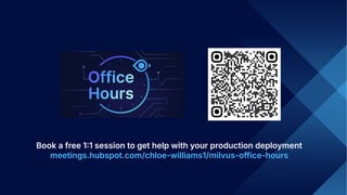 27 | © Copyright 2024 Zilliz
27
Book a free 11 session to get help with your production deployment
meetings.hubspot.com/chloe-williams1/milvus-office-hours
 