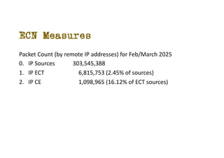 ECN Measures
Packet Count (by remote IP addresses) for Feb/March 2025
0. IP Sources 303,545,388
1. IP ECT 6,815,753 (2.45% of sources)
2. IP CE 1,098,965 (16.12% of ECT sources)
 