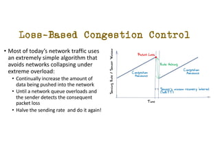 Loss-Based Congestion Control
? Most of todays network traffic uses
an extremely simple algorithm that
avoids networks collapsing under
extreme overload:
? Continually increase the amount of
data being pushed into the network
? Until a network queue overloads and
the sender detects the consequent
packet loss
? Halve the sending rate and do it again!
 