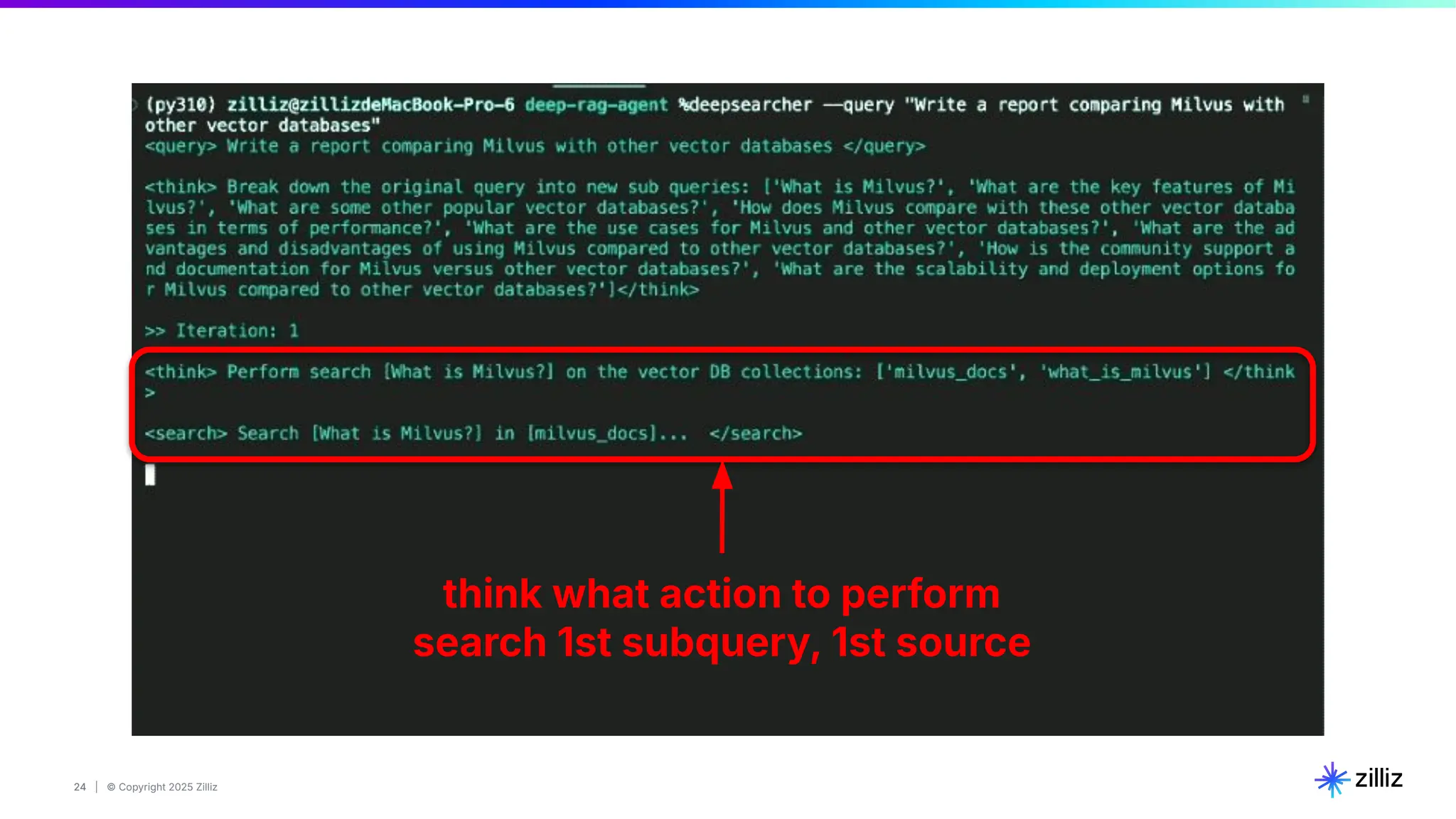 24 | © Copyright 2025 Zilliz
24
think what action to perform
search 1st subquery, 1st source
 