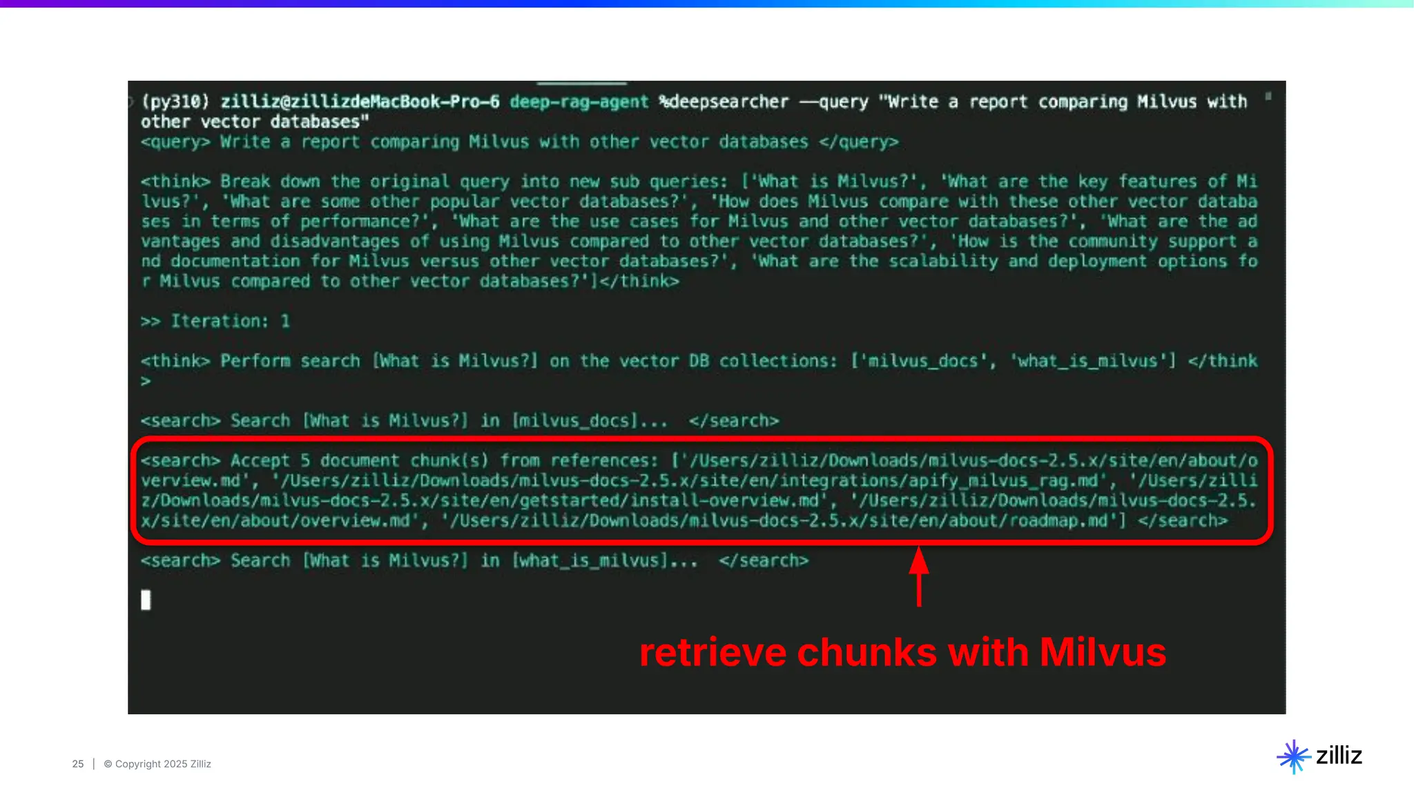 25 | © Copyright 2025 Zilliz
25
retrieve chunks with Milvus
 