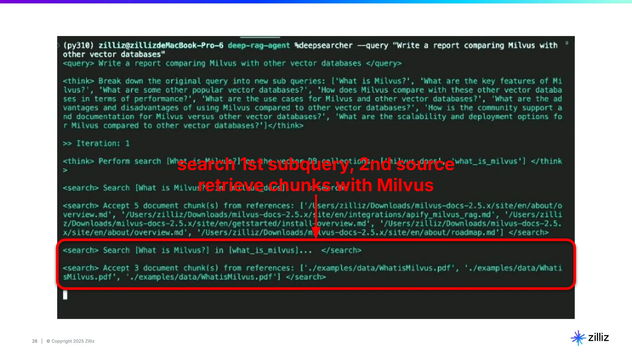 26 | © Copyright 2025 Zilliz
26
search 1st subquery, 2nd source
retrieve chunks with Milvus
 
