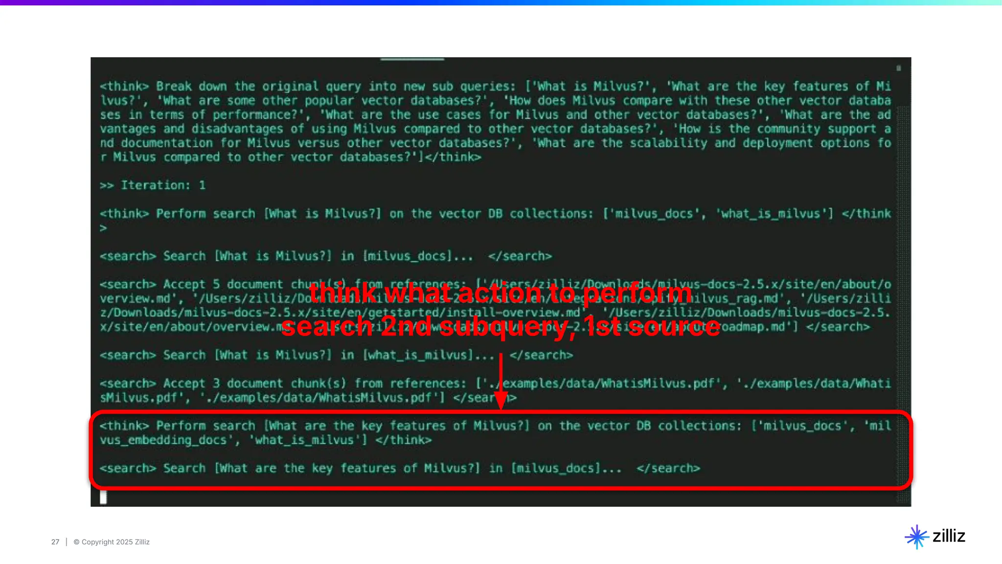 27 | © Copyright 2025 Zilliz
27
think what action to perform
search 2nd subquery, 1st source
 