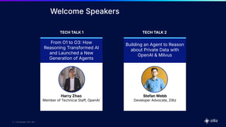 5 | © Copyright 2025 Zilliz
5
5 | © Copyright 10/22/23 Zilliz
5 | © Copyright 2025 Zilliz
Welcome Speakers
From O1 to O3 How
Reasoning Transformed AI
and Launched a New
Generation of Agents
Building an Agent to Reason
about Private Data with
OpenAI & Milvus
TECH TALK 1 TECH TALK 2
Harry Zhao
Member of Technical Staff, OpenAI
Stefan Webb
Developer Advocate, Zilliz
 