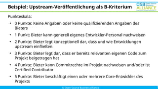 Beispiel: Upstream-Veröffentlichung als B-Kriterium
Punkteskala:
●
0 Punkte: Keine Angaben oder keine qualifizierenden Angaben des
Bieters
●
1 Punkt: Bieter kann generell eigenes Entwickler-Personal nachweisen
●
2 Punkte: Bieter legt konzeptionell dar, dass und wie Entwicklungen
upstream einfließen
●
3 Punkte: Bieter legt dar, dass er bereits relevanten eigenen Code zum
Projekt beigetragen hat
●
4 Punkte: Bieter kann Commitrechte im Projekt nachweisen und/oder ist
Certified Contri­
butor
●
5 Punkte: Bieter beschäftigt einen oder mehrere Core-Entwickler des
Projekts
 
