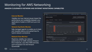 © 2024, Amazon Web Services, Inc. or its affiliates. All rights reserved.
Cisco Confidential
Cisco Confidential
Monitoring for AWS Networking
16
Internet Monitor
Visibility into how internet issues impact the
performance and availability between your
applications hosted on AWS and your end
users
Network Flow Monitor
Real-time visibility into network
performance for traffic between Amazon
EC2 instances, and other AWS services,
such as Amazon S3 and Amazon
DynamoDB
Network Synthetic Monitor
fully-managed agents to enable you to track
and visualize latency and packet loss for
hybrid network connections
AMAZON CLOUDWATCH NETWORK AND INTERNET MONITORING CAPABILITIES
 