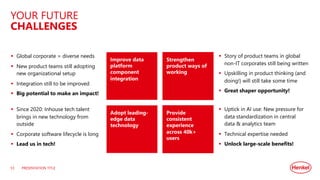 PRESENTATION TITLE
53
YOUR FUTURE
CHALLENGES
Improve data
platform
component
integration
Strengthen
product ways of
working
Adopt leading-
edge data
technology
Provide
consistent
experience
across 40k+
users
§ Story of product teams in global
non-IT corporates still being written
§ Upskilling in product thinking (and
doing!) will still take some time
§ Great shaper opportunity!
§ Uptick in AI use: New pressure for
data standardization in central
data & analytics team
§ Technical expertise needed
§ Unlock large-scale benefits!
§ Global corporate = diverse needs
§ New product teams still adopting
new organizational setup
§ Integration still to be improved
§ Big potential to make an impact!
§ Since 2020: Inhouse tech talent
brings in new technology from
outside
§ Corporate software lifecycle is long
§ Lead us in tech!
 