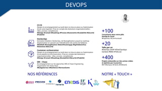 DEVOPS
CI-CD
Design et accompagnement au build dans la mise en place ou l’optimisation
d’une usine logiciels. Prise en compte des évolutions organisationnelles :
rôles, process, compétences.
#Design #Conseil #Roadmap #Process #Autonomie #Scalabilité #Sécurité
#Fiabilité
Container orchestration
Design et accompagnement au build dans la mise en place ou l’optimisation
d’une plateforme d’orchestration. Prise en compte des évolutions
organisationnelles : rôles, process, compétences.
#Design #Conseil #Roadmap #Scalabilité #Sécurité #Fiabilité
NOS RÉFÉRENCES
DevSecOps
Animation d’ateliers DevSecOps, de l’évangélisation jusqu’à la roadmap
d’optimisation en passant par l’identification des points de faiblesse.
#Shiftleft #Evangélisation #Identificationgap #Agilitédesinfras
#Solutions #Sécurité
NOTRE « TOUCH »
SRE - Chaos
Accompagnement sur les approches SRE et Chaos Engineering.
Organisation de Chaos Days.
#Budgeterreur #Resilience #SeriousGame
+400
Projets onboardés sur des usines créées
et opérées par la practice
#DF #Kampus #Clients #DSIklanik
+100
Consultants dans notre pôle
DevOps & Cloud
#Expertise, #Communauté
+20
Talks par an
#DevOps DDAY #DevOpsdays
Genève #WAX #TekLive
 