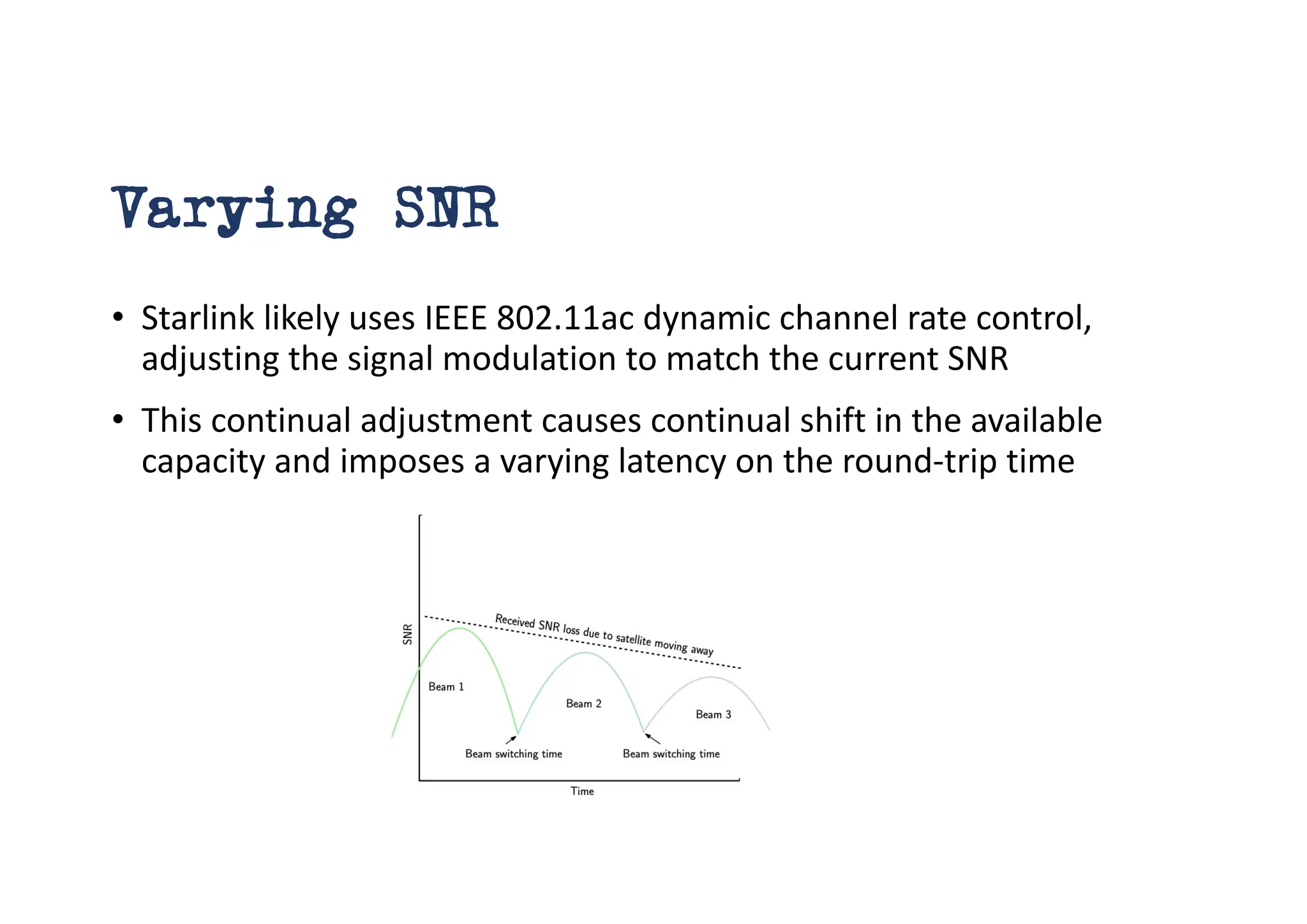 Varying SNR
• Starlink likely uses IEEE 802.11ac dynamic channel rate control,
adjusting the signal modulation to match the current SNR
• This continual adjustment causes continual shift in the available
capacity and imposes a varying latency on the round-trip time
 