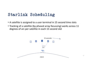 Starlink Scheduling
• A satellite is assigned to a user terminal in 15 second time slots
• Tracking of a satellite (by phased array focussing) works across 11
degrees of arc per satellite in each 15 second slot
client
11o
15 seconds
12
 