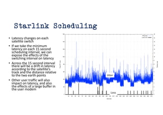 Starlink Scheduling
• Latency changes on each
satellite switch
• If we take the minimum
latency on each 15 second
scheduling interval, we can
expose the effects of the
switching interval on latency
• Across the 15 second interval
there will be a drift in latency
according to the satellite’s
track and the distance relative
to the two earth points
• Other user traffic will also
impact on latency, and also
the effects of a large buffer in
the user modem
Loss
Jitter
 