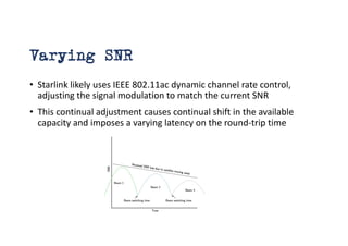 Varying SNR
• Starlink likely uses IEEE 802.11ac dynamic channel rate control,
adjusting the signal modulation to match the current SNR
• This continual adjustment causes continual shift in the available
capacity and imposes a varying latency on the round-trip time
 