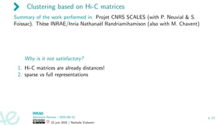 Clustering based on Hi-C matrices
Summary of the work performed in: Projet CNRS SCALES (with P. Neuvial & S.
Foissac). Thèse INRAE/Inria Nathanaël Randriamihamison (also with M. Chavent)
Why is it not satisfactory?
1. Hi-C matrices are already distances!
2. sparse vs full representations
Séminaire Rennes – 2025/06/22
22 juin 2025 / Nathalie Vialaneix
p. 12
 