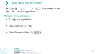 Why post-hoc inference?
H = {(i, j) : i, j = 1, . . . , p, i ≤ j}: hypotheses to test
H0 ⊂ H: true null hypotheses
Multiple testing correction:
▶ R: rejected hypotheses
▶ False positives: R ∩ H0
▶ False Discovery Rate: E |R∩H0|
|R|∨1

.
Séminaire Rennes – 2025/06/22
22 juin 2025 / Nathalie Vialaneix
p. 19
 