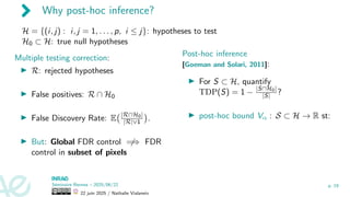 Why post-hoc inference?
H = {(i, j) : i, j = 1, . . . , p, i ≤ j}: hypotheses to test
H0 ⊂ H: true null hypotheses
Multiple testing correction:
▶ R: rejected hypotheses
▶ False positives: R ∩ H0
▶ False Discovery Rate: E |R∩H0|
|R|∨1

.
▶ But: Global FDR control ̸
=⇒ FDR
control in subset of pixels
Post-hoc inference
[Goeman and Solari, 2011]:
▶ For S ⊂ H, quantify
TDP(S) = 1 − |S∩H0|
|S| ?
▶ post-hoc bound Vα : S ⊂ H → R st:
Séminaire Rennes – 2025/06/22
22 juin 2025 / Nathalie Vialaneix
p. 19
 