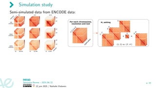 Simulation study
Semi-simulated data from ENCODE data:
chr1 chr7 chr21
104
102
104
102
50 200 Mb 20 120 Mb
104
102
10 30 Mb
r
e
p
l
i
c
a
t
e
s
1Mb
resolution
r
e
p
l
i
c
a
t
e
s
500Kb
resolution
200Kb
resolution
1
2
3
4
5
Séminaire Rennes – 2025/06/22
22 juin 2025 / Nathalie Vialaneix
p. 23
 