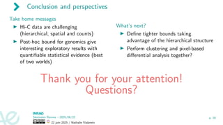 Conclusion and perspectives
Take home messages
▶ Hi-C data are challenging
(hierarchical, spatial and counts)
▶ Post-hoc bound for genomics give
interesting exploratory results with
quantifiable statistical evidence (best
of two worlds)
What’s next?
▶ Define tighter bounds taking
advantage of the hierarchical structure
▶ Perform clustering and pixel-based
differential analysis together?
Thank you for your attention!
Questions?
Séminaire Rennes – 2025/06/22
22 juin 2025 / Nathalie Vialaneix
p. 29
 