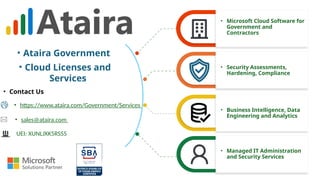 • Ataira Government
• Cloud Licenses and
Services
• Managed IT Administration
and Security Services
• Business Intelligence, Data
Engineering and Analytics
• Security Assessments,
Hardening, Compliance
• Microsoft Cloud Software for
Government and
Contractors
• Contact Us
• sales@ataira.com
• https://www.ataira.com/Government/Services
UEI: XUNLJXK5RSS5
 