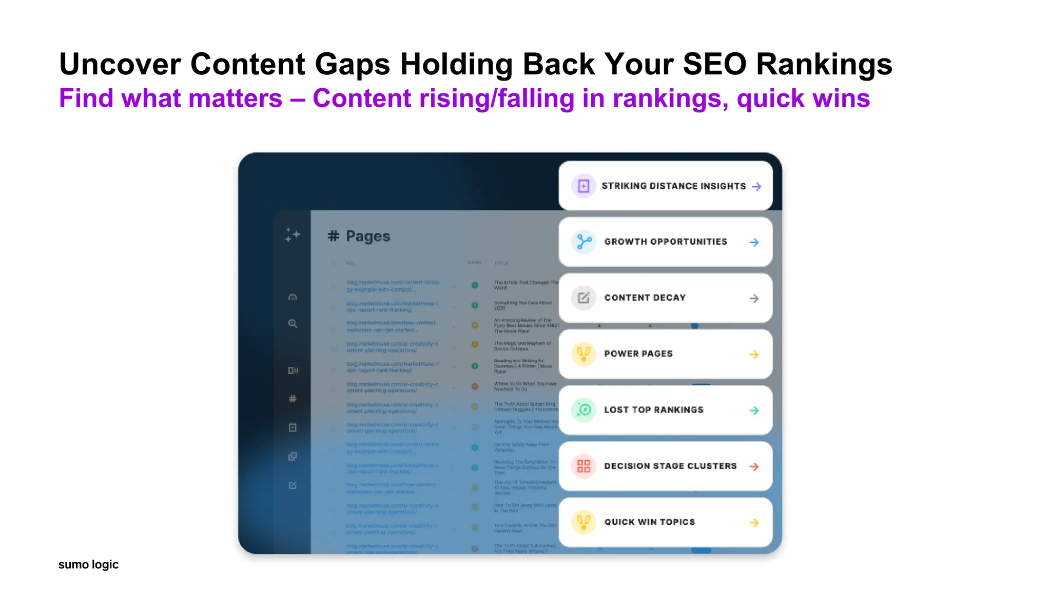 Uncover Content Gaps Holding Back Your SEO Rankings
Find what matters – Content rising/falling in rankings, quick wins
 